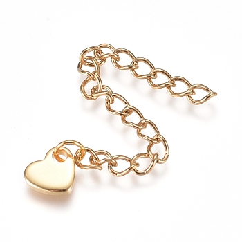 304 Stainless Steel Chain Extender, Curb Chain, with Charms, Heart, Golden, 60mm, Link: 4x3x0.5mm