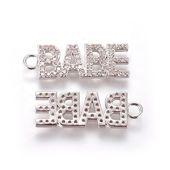 Brass Micro Pave Cubic Zirconia Pendants, Word Babe, Clear, Platinum, 30x10x2mm, Hole: 3mm