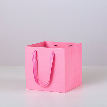 Solid Color Kraft Paper Gift Bags with Ribbon Handles, for Birthday Wedding Christmas Party Shopping Bags, Square, Hot Pink, 15x15x15cm