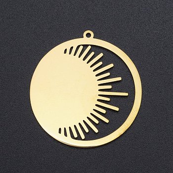 201 Stainless Steel Pendants, Laser Cut, Ring with Sun, Golden, 32x30.5x1mm, Hole: 1.4mm