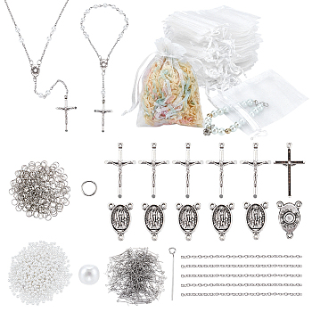 Elite DIY Rosary Bracelet Necklace Making Kit, Including Acrylic Pearl Beads, Iron Cable Chains, Alloy Cross Pendant & Virgin Mary Link Connectors, Platinum & Stainless Steel Color