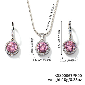 Brass Rhinestones Flat Round Jewelry Set, Earrings & Necklaces Set for Fashionable Women, Pink