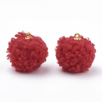 Handmade Cloth Fabric Covered Pendants, with Golden Tone Alloy Findings, Round, Red, 19~20.5x17mm, Hole: 2mm