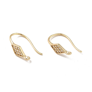 Rhombus Rack Plating Brass Micro Pave Cubic Zirconia Earring Hooks, with Vertical Loop, Long-Lasting Plated, Cadmium Free & Lead Free, Real 14K Gold Plated, 16.5x4.5mm, Hole: 1mm, 21 Gauge, Pin: 0.7mm
