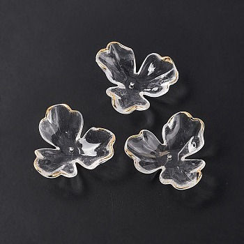 Transparent Acrylic Bead Caps, Golden Plated, 3-Petal Flower, Clear, 34x37.5x9mm, Hole: 1.6mm