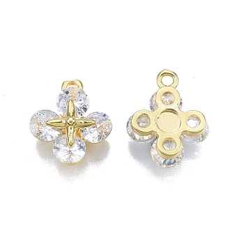 Brass Pave Clear Cubic Zirconia Charms, Nickel Free, Flower, Real 18K Gold Plated, 12x10x4mm, Hole: 1.2mm