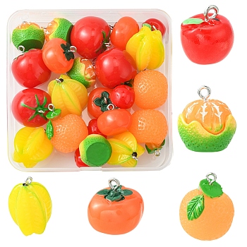24Pcs 6 Styles Opaque Resin Pendants, Fruit Charms, with Platinum Tone Iron Loops, Tomato & Orange & Apple, Mixed Shapes, Mixed Color, 15~28x12~22mm, Hole: 1.8~2mm, 4pcs/style