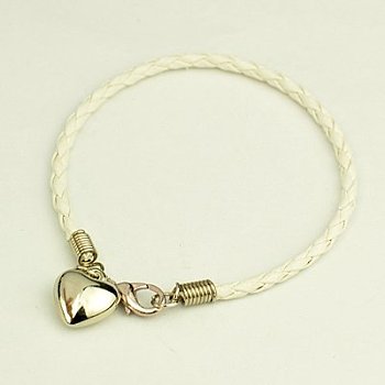 PU Leather Braided Charm Bracelets, with CCB Plastic Pendants and Alloy Lobster Claw Clasps, White, 180mm