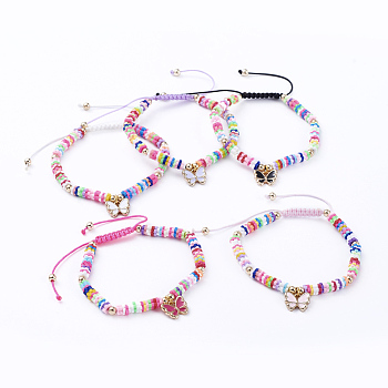 Adjustable Nylon Cord Braided Bead Bracelets, with Polymer Clay Heishi Beads, Alloy Enamel Charms and Real 18K Gold Plated Brass Beads, Butterfly, Mixed Color, 1-7/8 inch~3-1/8 inch(4.9~8.1cm)