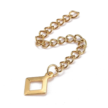 304 Stainless Steel Chain Extender, Curb Chain, with 202 Stainless Steel Charms, Rhombus, Golden, 65mm, Link: 3.7x3x0.5mm, Rhombus: 11.5x9.5x0.5mm