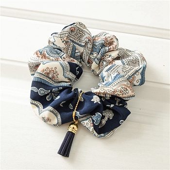 Cloth Elastic Hair Accessories, for Girls or Women, Scrunchie/Scrunchy Hair Ties, with Tassel, Midnight Blue, 150mm