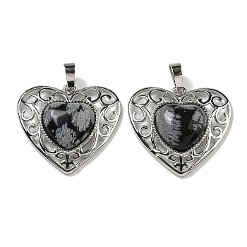 Natural Snowflake Obsidian Peach Love Heart Pendants, Rack Plating Brass Hollow Heart Charms, Cadmium Free & Lead Free, 29.5x30.5x7.5mm, Hole: 7.5x5mm