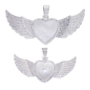 Alloy Pendants, with Glass Cabochons, with Rhinestone, Heart and Wing, Silver, 42x86.5x3.5mm, Hole: 13x7mm