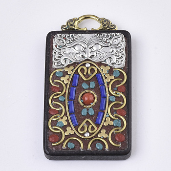 Buddha Theme Handmade Indonesia Big Pendants, with Alloy Findings, Sandalwood and Resin, Antique Golden and Antique Silver, Rectangle, FireBrick, 57~58x32~33.5x9mm, Hole: 9x6mm