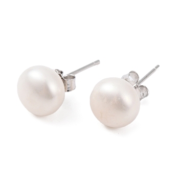 Natural Pearl Round Bead Stud Earrings, with Real Platinum Plated 925 Sterling Silver Findings, White, 17x8~9mm