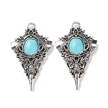 Synthetic Turquoise Pendants, Kite Charms, with Alloy Findings, Antique Silver, 44x26x6.5mm, Hole: 3.5mm