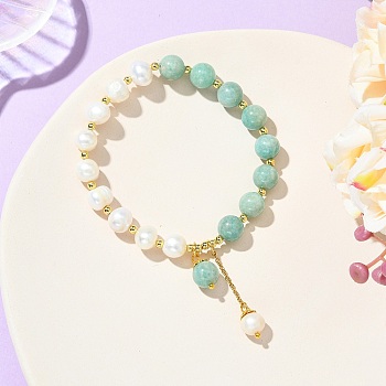 Round Natural Amazonite & Cultured Freshwater Pearl Beaded Charm Bracelets, Stretch Bracelets for Women, Beads: 8~8.5mm, Inner Diameter: 2.28 inch(5.8cm)