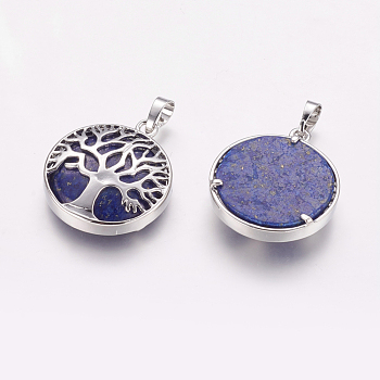 Natural Lapis Lazuli Pendants, with Brass Findings, Platinum, Flat Round with Tree, 31x27x6.5~7mm, Hole: 5x8mm