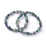 Natural Moss Agate Beads Stretch Bracelets, Rice with Round, 2-1/4 inch(5.7cm)(BJEW-F380-03)