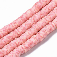 Handmade Polymer Clay Beads Strands, for DIY Jewelry Crafts Supplies, Heishi Beads, Disc/Flat Round, Pink, 8x0.5mm, Hole: 2mm, about 320~447pcs/strand, 15.75 inch~16.14 inch(40~41cm)(CLAY-N008-010-212-A)