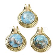 Natural Apatite Pendants, Flat Round Charms with Rack Plating Golden Tone Brass Findings, Cadmium Free & Lead Free, 28x22x8mm, Hole: 2x4mm(G-M405-06G-01)