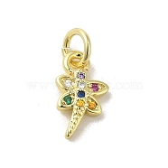 Real 18K Gold Plated Brass Pave Cubic Zirconia Pendants, with Jump Rings, Dragonfly, Colorful, 11.5x7x2mm, Hole: 3mm(KK-M283-04B-02)