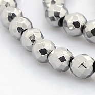 Faceted Round Non-magnetic Synthetic Hematite Beads Strands, Silver Plated, 6mm, Hole: 1mm, about 68pcs/strand, 14.5 inch(G-P061-59)
