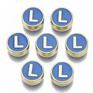 Alloy Enamel Beads, Cadmium Free & Nickel Free & Lead Free, Flat Round with Initial Letters, Light Gold, Letter.L, 8x4mm, Hole: 1.5mm(X-ENAM-S122-028L-NR)