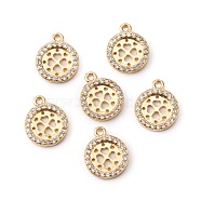 Brass Micro Pave Clear Cubic Zirconia Charms, Flat Round with Hollow-Out Heart, Golden, 13x11x2mm, Hole: 1.4mm(KK-WH0050-14G)
