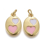 Brass Enamel Pendants, Long-Lasting Golden Plated, with Jump Rings, Flat Oval with Heart Pattern, Pink, 15x10x1.5mm, Hole: 4.5x0.8mm(X-KK-Z001-02B)
