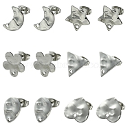 12Pcs 6 Styles 304 Stainless Steel Stud Earring Findings, Mixed Shapes, 12x9~13.5mm, Hole: 1.4mm, Pin: 10.5x0.5mm, 2pcs/style(FIND-FS0002-39)