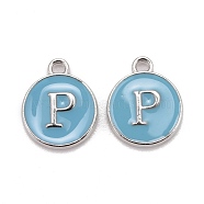 Platinum Plated Alloy Enamel Charms, Cadmium Free & Lead Free, Enamelled Sequins, Flat Round with Letter, Sky Blue, Letter.P, 14x12x2mm, Hole: 1.5mm(ENAM-S118-04P-P)