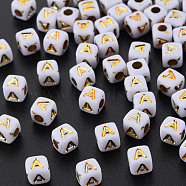 Opaque White Acrylic Beads, Metal Enlaced, Cube with Letters, Letter.A, 4.5mm, Hole: 2mm, about 5000pcs/500g(MACR-Q242-010A)