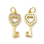 Brass Micro Pave Clear Cubic Zirconia Pendants, with Jump Ring, Heart Key Charm, Real 18K Gold Plated, 17.5x8x2.5mm, Hole: 3.5mm(KK-E068-VB180)