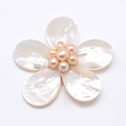 Natural White Shell Mother of Pearl Shell Flower Big Pendants, with Platinum Plated Brass Findings and Pearl Beads, PeachPuff, 43x46x14mm, Hole: 4x7mm(SSHEL-J032MS-07)