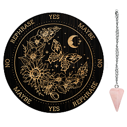 AHADEMAKER 1Pc Wood Pendulum Board, 1Pc 304 Stainless Steel Cable Chain Necklaces, 1Pc Natural Rose Quartz Stone Pendants, for Witchcraft Wiccan Altar Supplies, Butterfly, Board: 200x4mm(DIY-GA0006-20C)