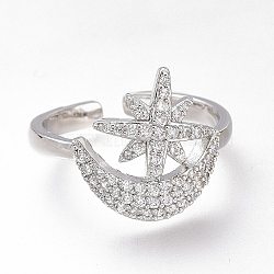 Brass Micro Pave Clear Cubic Zirconia Cuff Rings, Open Rings, Long-Lasting Plated, Star with Moon, Platinum, US Size 8 1/4(18.3mm)(RJEW-N031-24P)