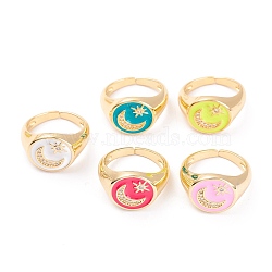 Brass Micro Pave Clear Cubic Zirconia Cuff Rings, with Enamel, Flat Round with Star & Moon, Real 18K Gold Plated, Mixed Color, US Size 4, Inner Diameter: 15.5mm(RJEW-A002-09G)