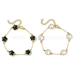 2Pcs 2 Colors Glass Flower Link Bracelets, Brass Cable Chain Jewelry for Women, Golden, Mixed Color, 7-1/4 inch(18.5cm), 1pc/color(BJEW-JB10586)