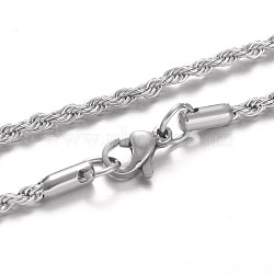 304 Stainless Steel Rope Chain Necklaces, with Lobster Claw Clasps, Stainless Steel Color, 19.7 inch(50cm)(NJEW-F195-05A-P)