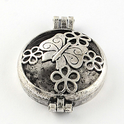 Rack Plating Hollow Brass Diffuser Locket Pendants, Flat Round with Butterfly, Antique Silver, 44x33x11mm, Hole: 3.5~4mm, inner measure: 30mm(KK-S667-AS)