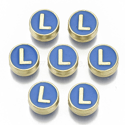 Alloy Enamel Beads, Cadmium Free & Nickel Free & Lead Free, Flat Round with Initial Letters, Light Gold, Letter.L, 8x4mm, Hole: 1.5mm(X-ENAM-S122-028L-NR)