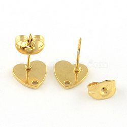 304 Stainless Steel Heart Stud Earring Findings, with Loop, Golden, 8x8mm, Hole: 1mm, pin: 0.8mm(X-STAS-R063-37G)