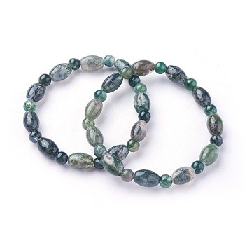 Natural Moss Agate Beads Stretch Bracelets, Rice with Round, 2-1/4 inch(5.7cm)