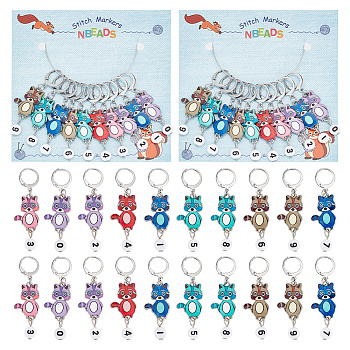 Alloy Enamel & Acrylic Pendant Locking Stitch Markers, 304 Stainless Steel Leverback Earring Stitch Marker, Raccoon with Number, Mixed Color, 5cm, 10pcs/set