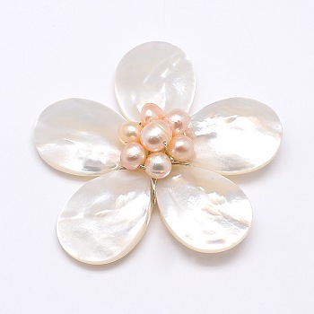 Natural White Shell Mother of Pearl Shell Flower Big Pendants, with Platinum Plated Brass Findings and Pearl Beads, PeachPuff, 43x46x14mm, Hole: 4x7mm