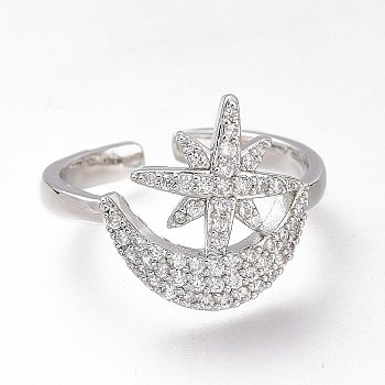 Brass Micro Pave Clear Cubic Zirconia Cuff Rings, Open Rings, Long-Lasting Plated, Star with Moon, Platinum, US Size 8 1/4(18.3mm)