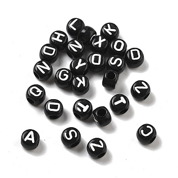 Opaque Acrylic Beads, Large Hole Beads, Square with Letter A~Z, Black, 6x5mm, Hole: 3mm, about 3700pcs