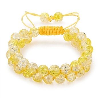 Sparkling Round Glass Braided Bead Bracelet, Double Layered Wrap Adjustable Bracelet for Women, Yellow, Inner Diameter: 2~3-1/8 inch(5~7.8cm) 