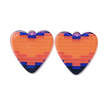 Transparent Printed Acrylic Pendants, Heart with Tartan Pattern, Orange, 40x40x3mm, Hole: 1.8mm